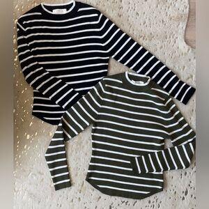 Madden Girl Striped Crewneck Tops in Black/White and Olive/White XL